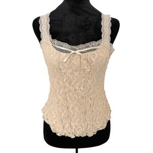 Women's 90s New York & Co Ivory Lace Top Sleeveless Blouse Bow Corset Style SZ S